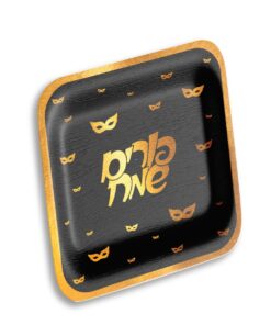 צלחת מרובעת "7 מסכה לפורים – שחור/זהב * 10 יח'