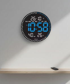שעון קיר דיגיטלי עגול עם תצוגת LED כחולה