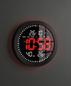 שעון קיר דיגיטלי עגול עם תצוגת LED אדומה