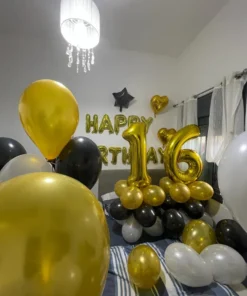 סידור חדר בלונים 16 זהב שחור ולבן