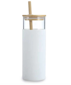כוס זכוכית מעוצבת עם מכסה במבוק וקשית 500ml